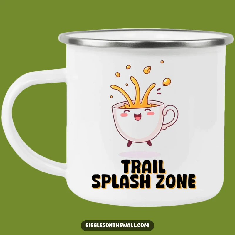 Funny Dancing Teacup Spill Camping Mug: Rugged Comical Flourish, Humorous Outdoor Gift