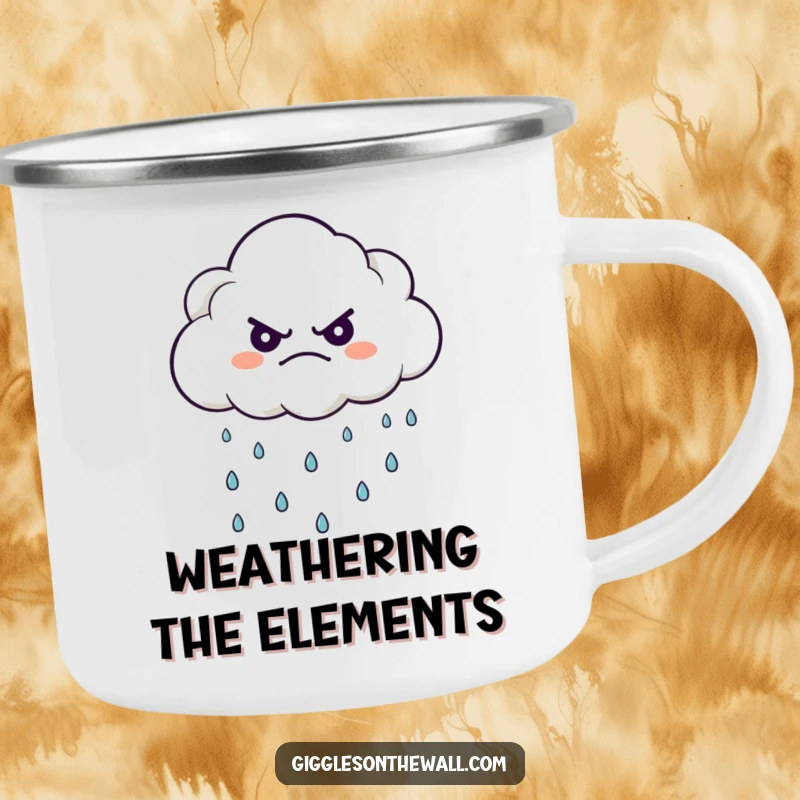 Funny camping mug with a grumpy cloud character raining happy drops, built tough for adventures and smiles.