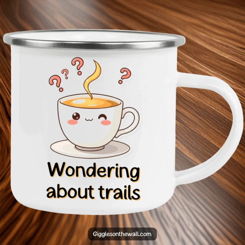 Funny camping mug featuring a curious teacup character with steam rising in question marks, perfect for outdoor contemplation.