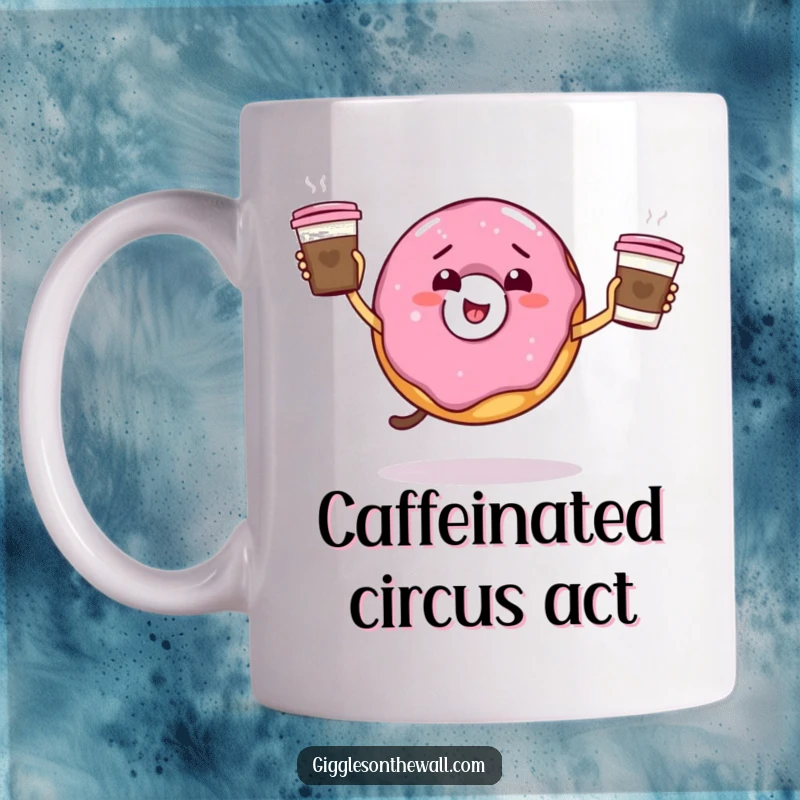 Funny giddy donut attempting to juggle coffee cups, showing energy and humor, perfect funny gift.