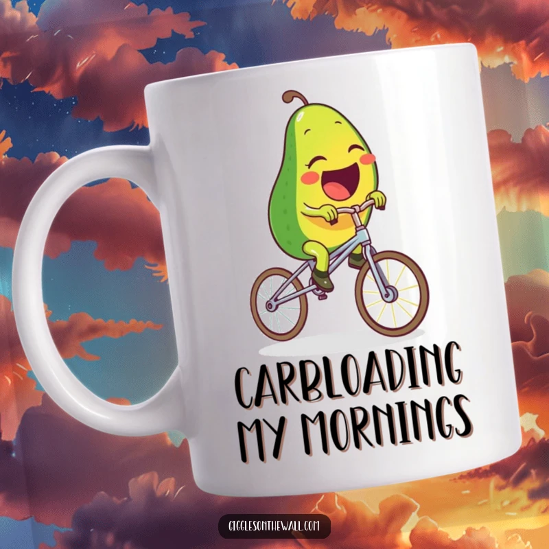 Funny mug of a laughing avocado character attempting to ride a unicycle constructed entirely of spaghetti, showcasing pure comedic determination.