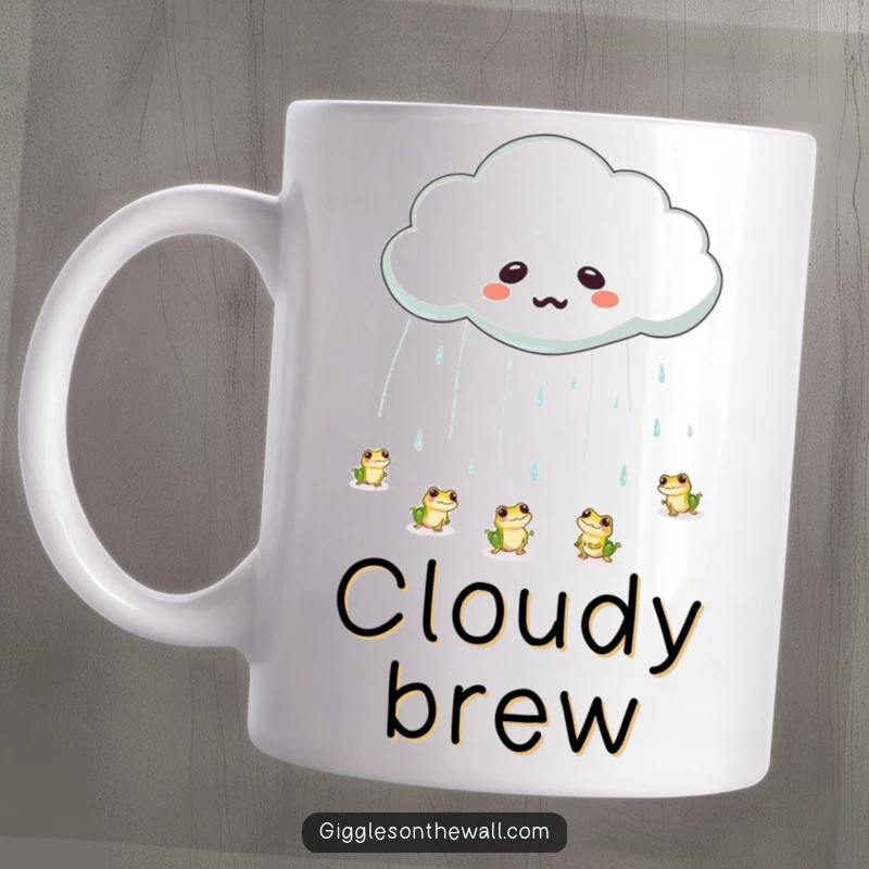 Funny frog rain cloud mug featuring an emotional cloud crying a large tear, raining tiny bouncing frogs, conveying whimsical sadness.