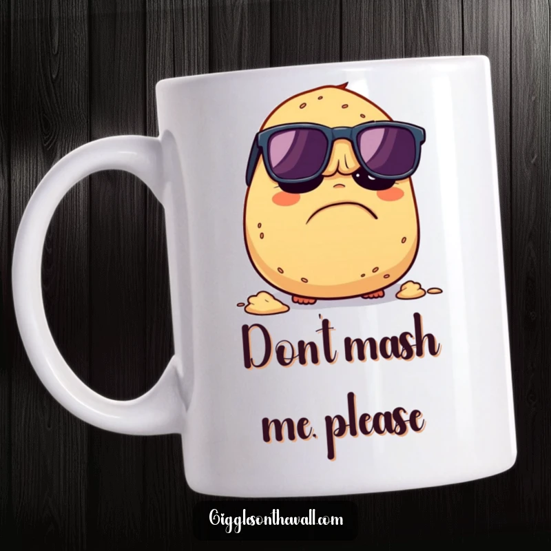 Funny Grumpy Potato Mug: A sunglasses-wearing potato hilariously tries to escape being mashed, bringing relatable, grumpy humor to your coffee.