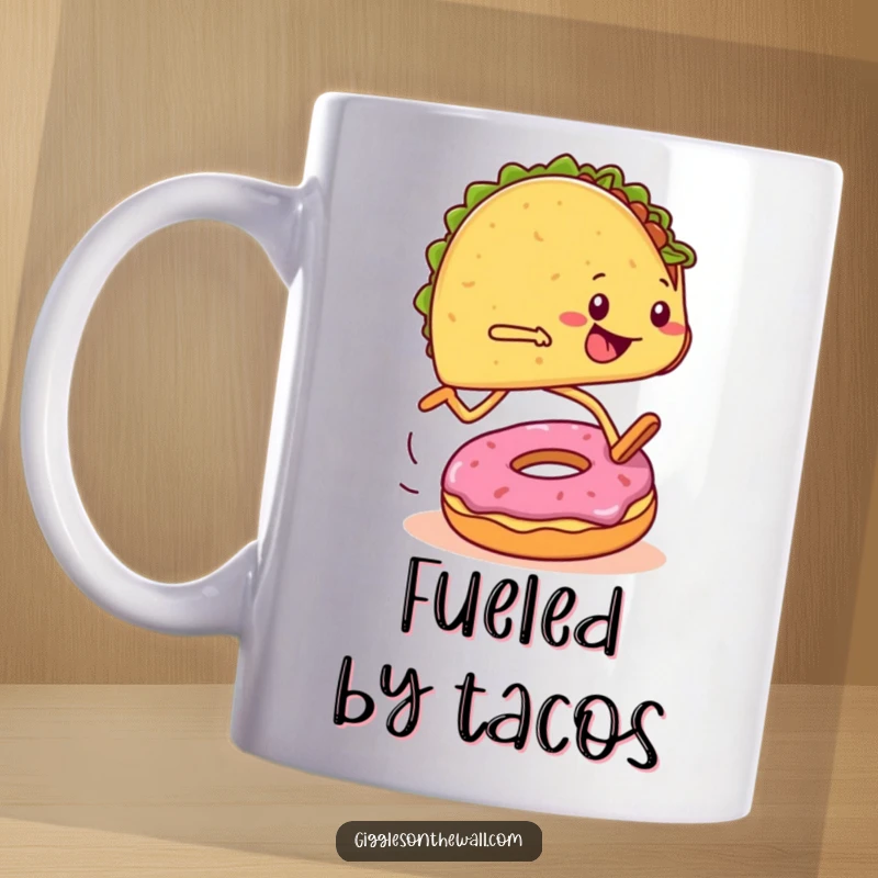 Funny mug depicting a taco with legs running a marathon and comically tripping over a donut, capturing a humorous moment.