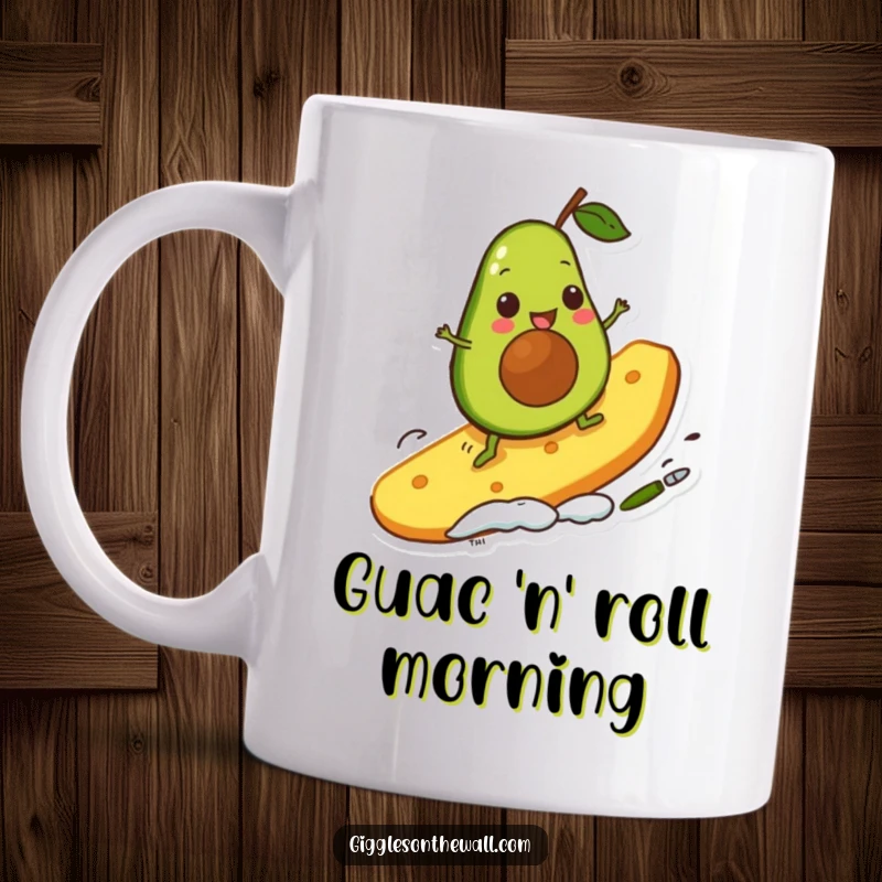 Funny avocado character hilariously surfing on a giant chip, capturing a moment of pure, comical delight and adventure.