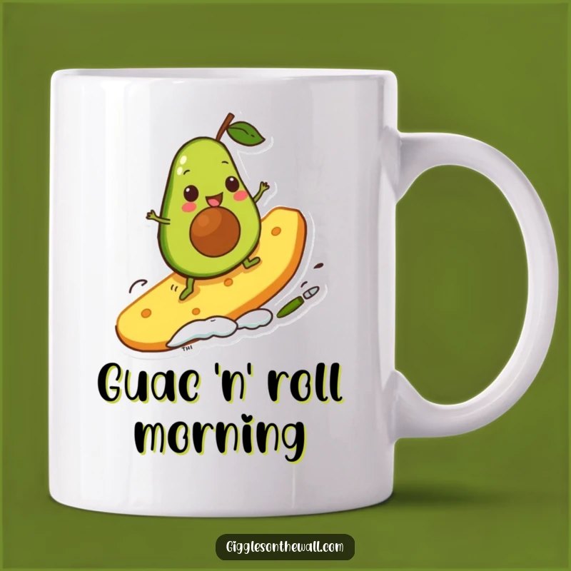 Funny Avocado Surfer Mug: Cute Character Riding Chip, Perfect Gift