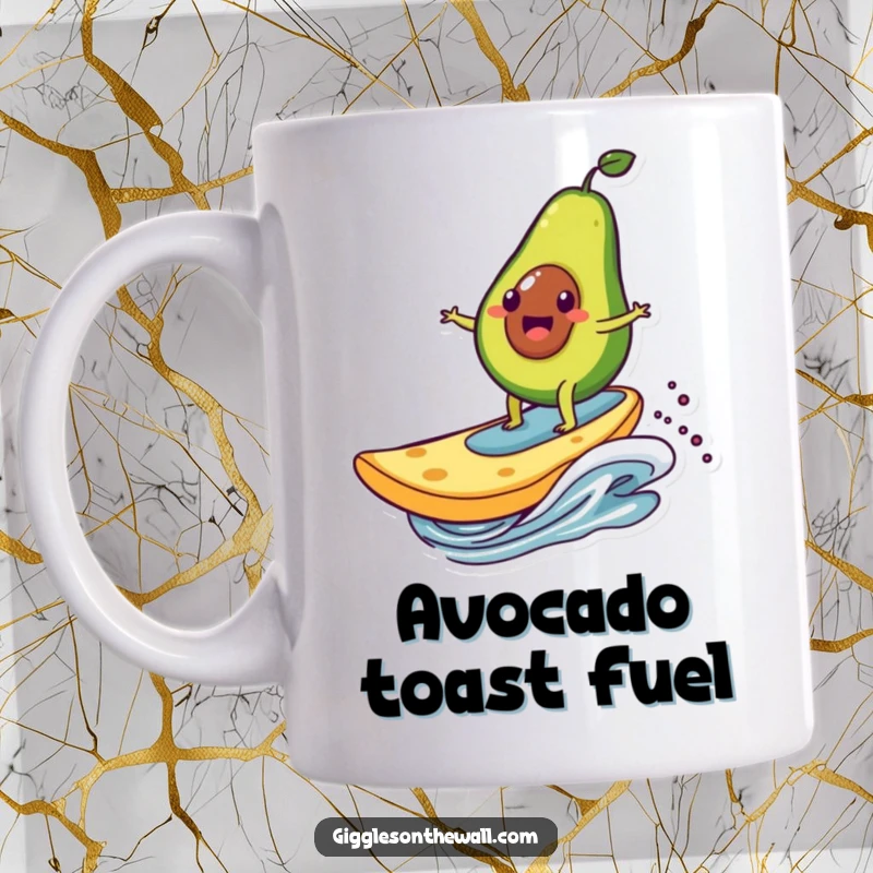 Funny mug with a happy avocado character expertly surfing on a giant chip, a comical depiction of extreme snack sports.
