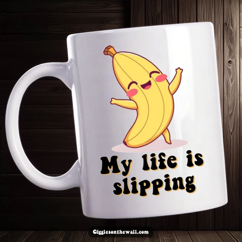 Funny mug showcasing a laughing banana peel comically tripping over its own peel, capturing hilarious slapstick motion.