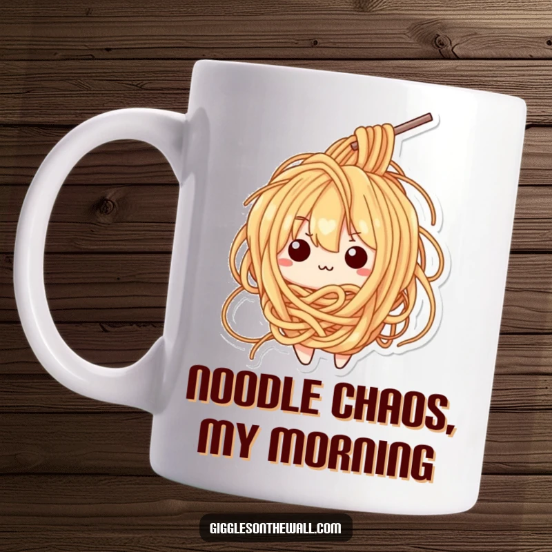 Funny mug showing a bewildered ramen noodle character hopelessly tangled in its own strands, expressing confusion.