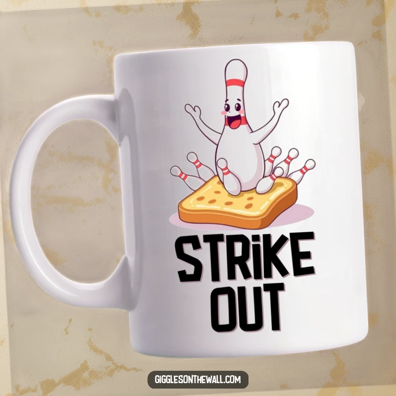 Funny bowling pin mug depicting a sentient juggler dropping pins onto surprised toast, capturing a moment of hilarious mishap.