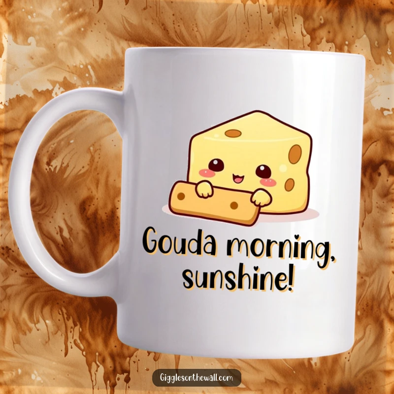 Funny mug featuring a smiling cheese character peeking from behind a cracker, a comical scene of snack-time stealth.