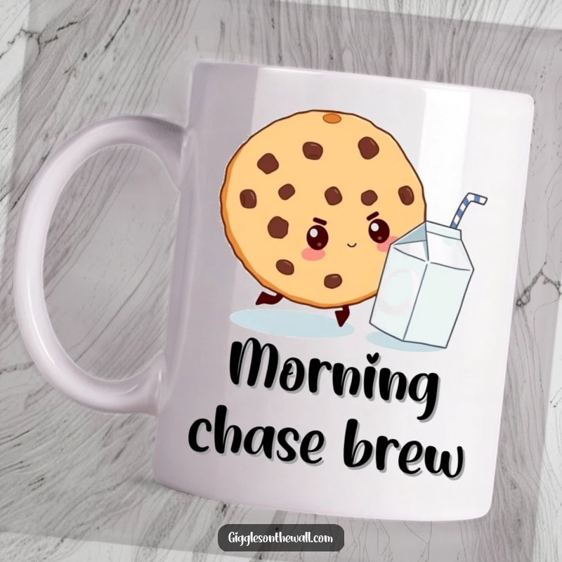 Funny mug depicting a giant cookie with a determined expression chasing a tiny milk carton, capturing a sweet pursuit.