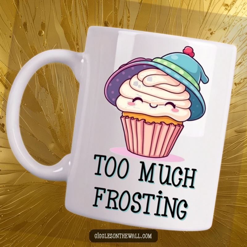 Funny mug with a playful cupcake hilariously trying to wear two hats simultaneously, embodying ambitious fun, a superb funny gift.