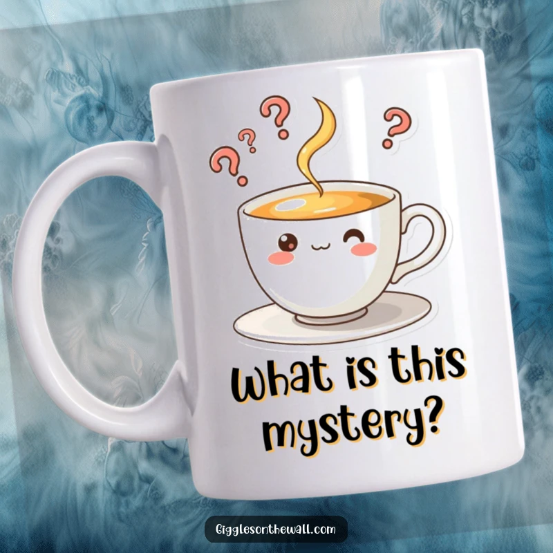 Funny mug with a curious teacup character whose steam rises in question marks, inviting contemplation and humor.