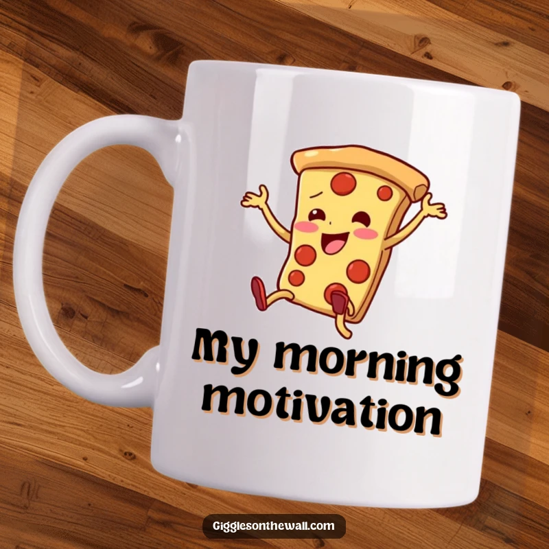 Funny pizza slice with legs energetically but clumsily dancing, full of joy and enthusiasm, a hilarious food illustration.