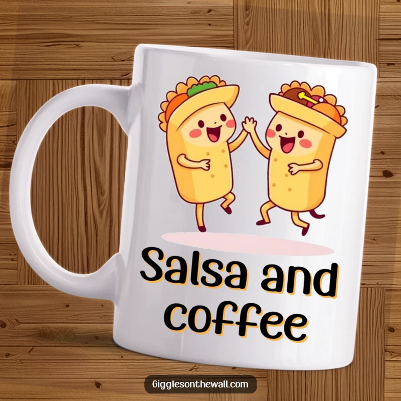 Funny dancing tacos mug, featuring a set of tacos performing a synchronized salsa dance with festive energy.