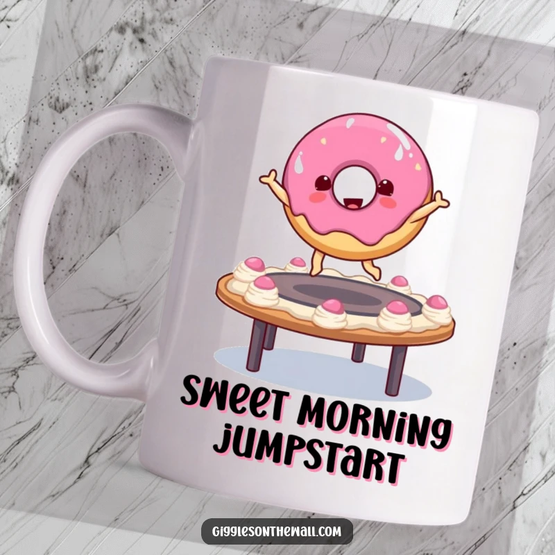 Funny donut character joyfully bouncing on a trampoline made of pink frosting on a mug, depicting pure, sugary delight.