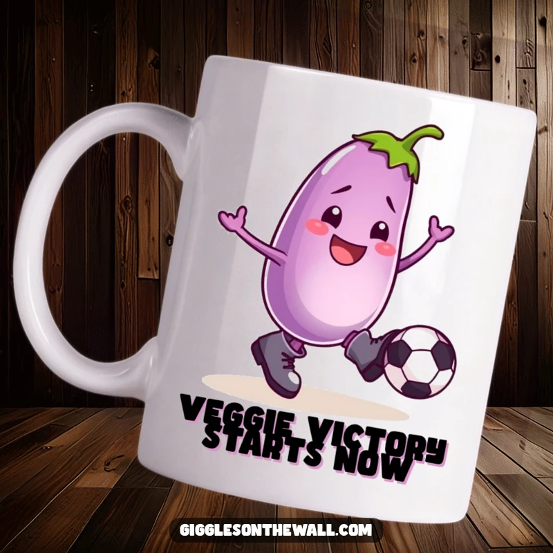 Funny coffee mug showcasing a smiling eggplant in boots, energetically kicking a football, ready for game day fun.