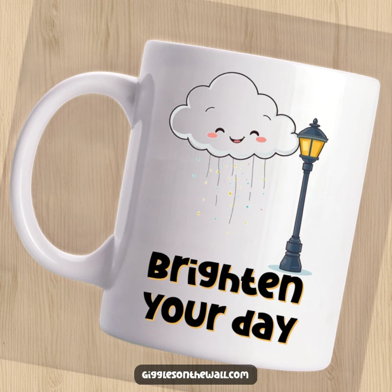 Funny mug showing a happy cloud raining glitter onto a grumpy lamppost, creating a delightful contrast of joy and gloom.
