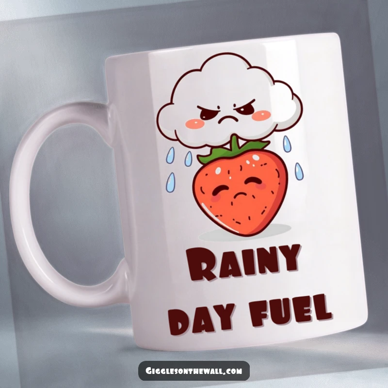 Funny mug showing a grumpy cloud spitting rain onto a happy sunbathing strawberry, capturing a moment of weather contrast.