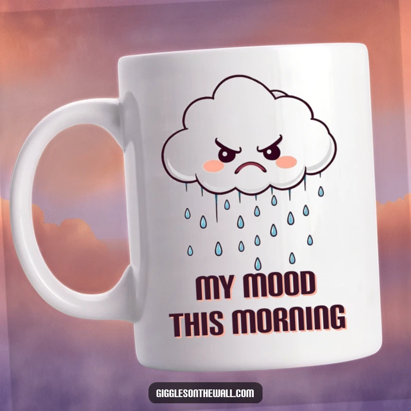Funny grumpy cloud mug, raining tiny, disgruntled raindrops, perfect for expressing a classic gloomy mood with a smile.