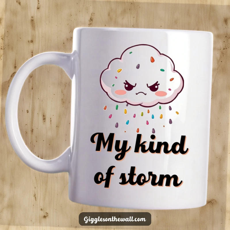 Funny grumpy cloud character unexpectedly raining colorful sprinkles on a mug, depicting a humorous contrast of mood and action.