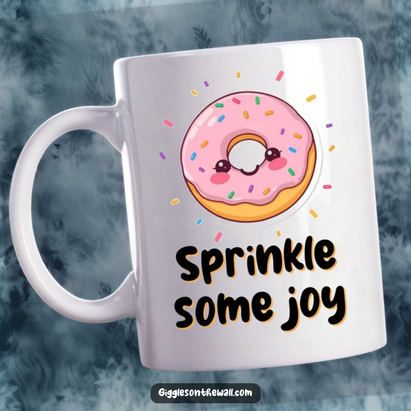 Funny mug with a beaming donut amidst falling confetti, radiating pure happiness, perfect for a cheerful and funny gift.