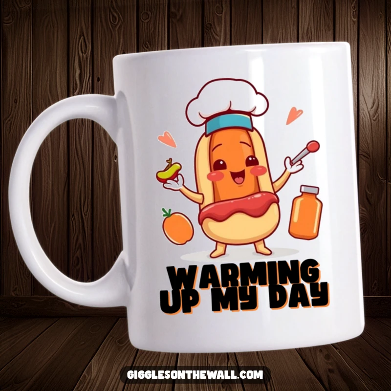 Funny mug featuring a smiling hot dog chef in a tiny hat, expertly juggling ketchup and mustard, ready to cook.