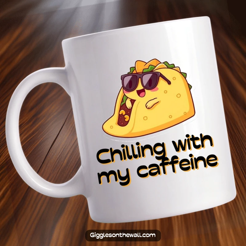 Funny lounging taco mug illustration of a cool taco character wearing sunglasses, chilling on a giant potato chip.
