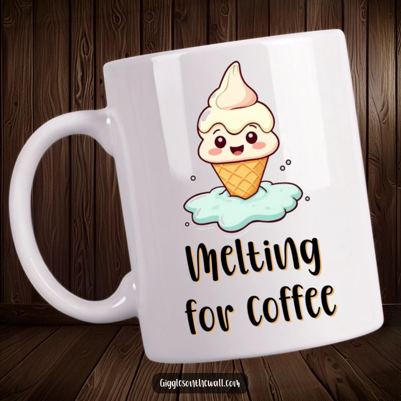 Funny mug featuring a cheerful ice cream cone character happily melting into a puddle of delicious delight.