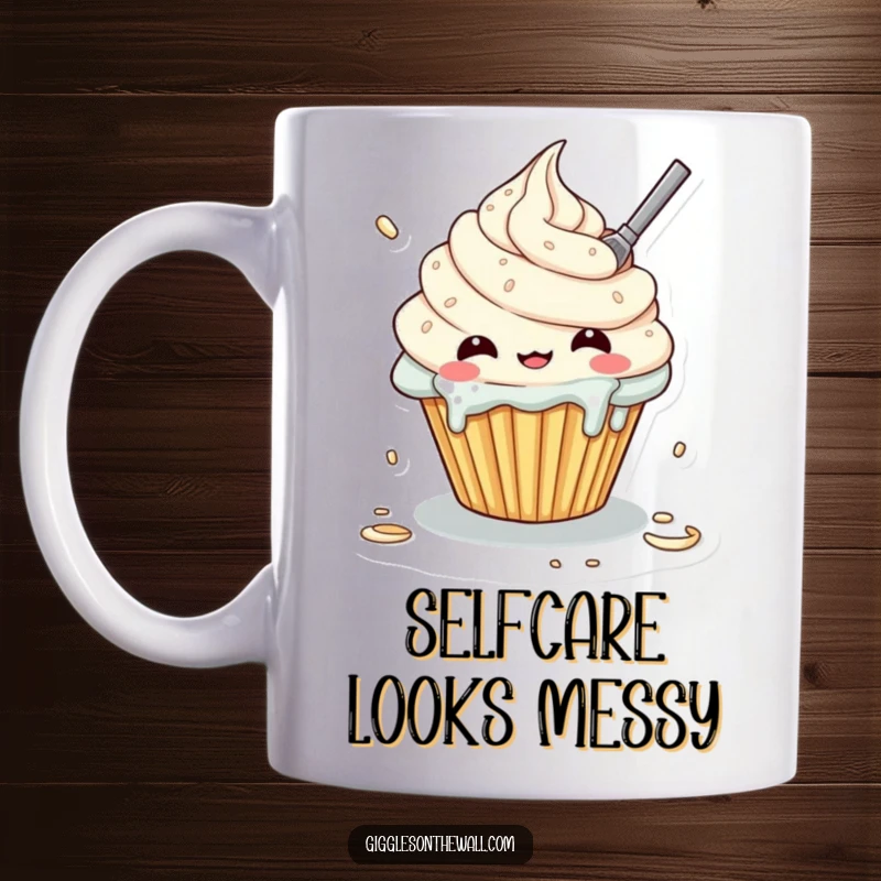 Funny mug featuring a cupcake character comically attempting to frost itself, resulting in a delicious mess.