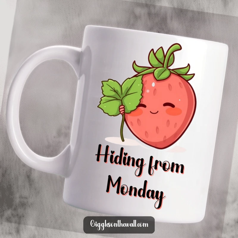 Funny mug featuring a blushing strawberry character peeking out shyly from behind a tiny leaf, conveying bashfulness.