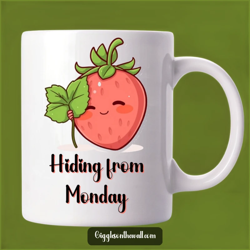 Funny Shy Strawberry Mug: Hiding Behind Leaf Character Gift