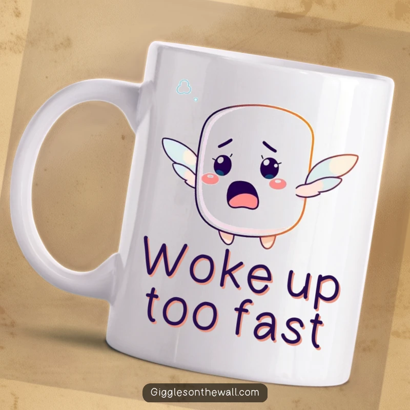 Funny mug featuring a startled marshmallow character with comically tiny wings, comically attempting to fly.