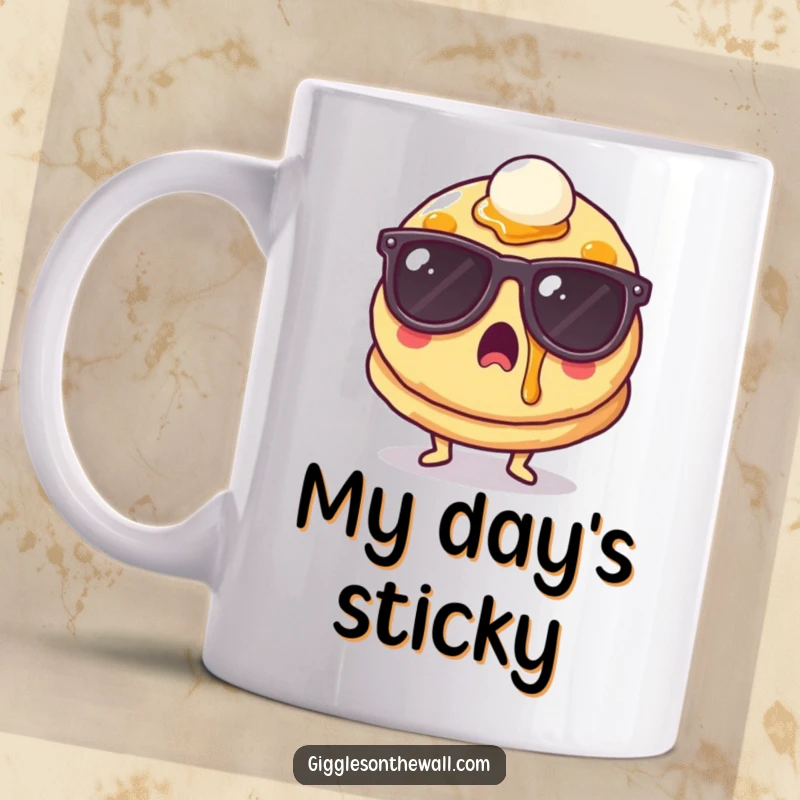 Funny surprised pancake wearing sunglasses and splattered with syrup, a comical breakfast character, great funny gift.
