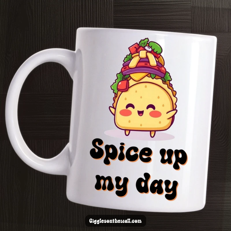 Funny blushing taco character struggling to balance a huge mountain of toppings on a mug, showcasing comical culinary stress.