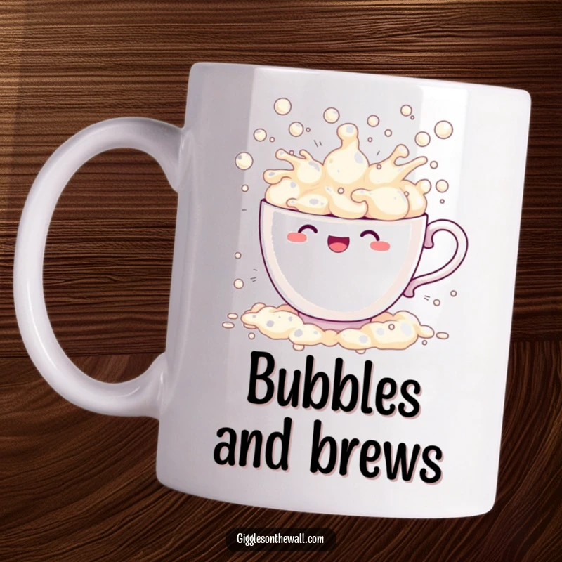Funny sentient teacup comically overflowing with bubbles, splashing everywhere with joyous abandon, a hilarious kitchen illustration.