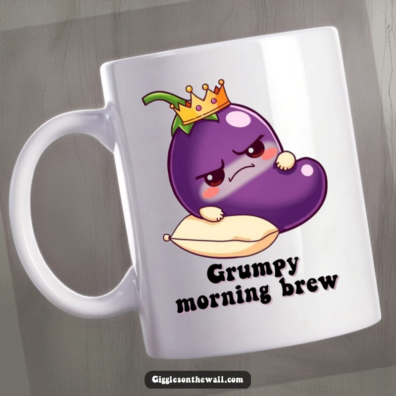 Funny grumpy eggplant wearing a tiny crown, being carried regally on a plush pillow, a comical vegetable illustration.