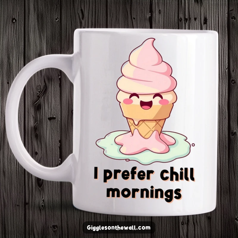 Funny mug featuring a cheerful ice cream cone character happily melting into a puddle of pure, unadulterated joy.