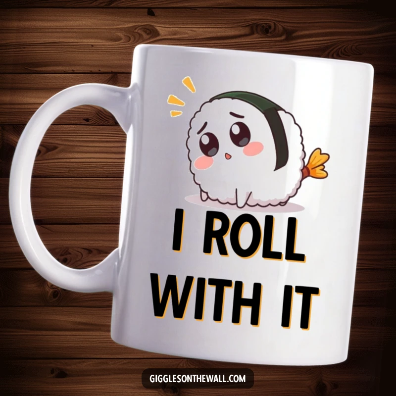 Funny sushi mug featuring a cute character tripping over its tail in pure surprise, looking comically shocked and adorable.