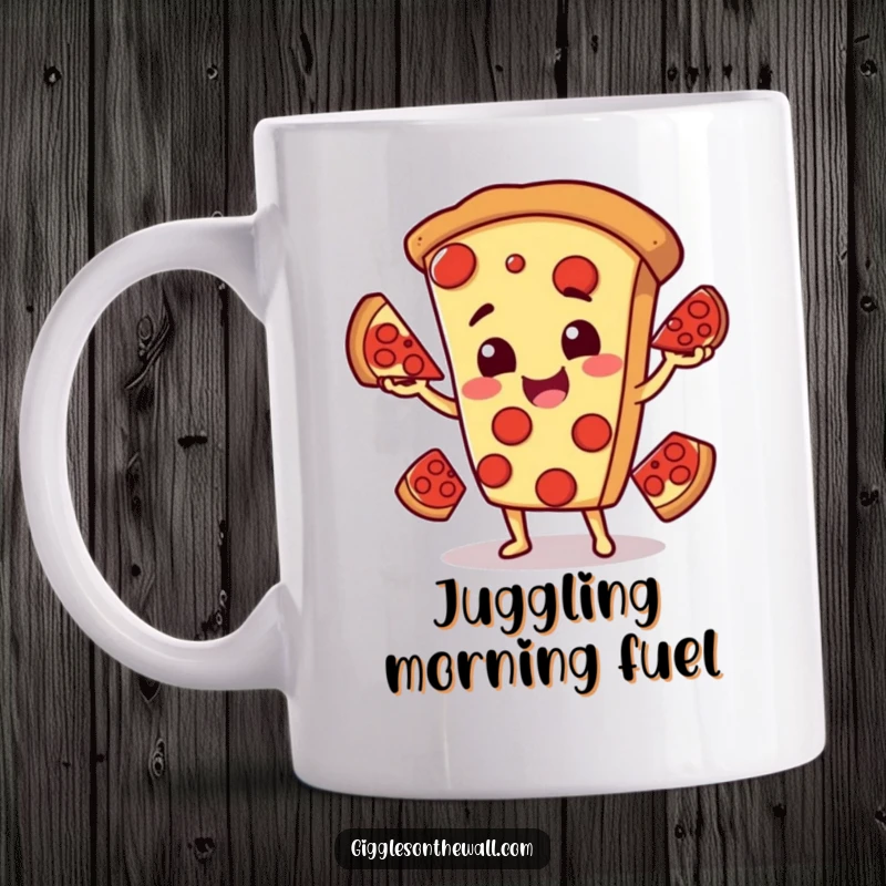 Funny pizza mug depicting a smiling pizza character attempting to juggle slices of pepperoni with a cheerful expression.
