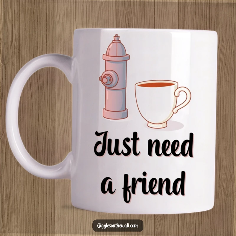 Funny teacup mug, anthropomorphic, embracing a fire hydrant with a longing expression, whimsical and quirky art.