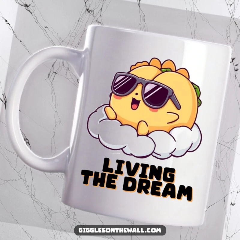 Funny taco mug with a cool taco character wearing sunglasses, lounging dramatically on a cloud, exuding ultimate chill vibes.