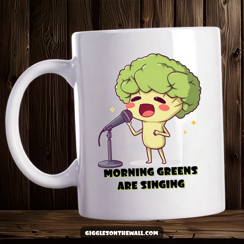 Funny mug featuring a proud broccoli head belting out opera into a microphone, radiating confidence and vocal prowess.