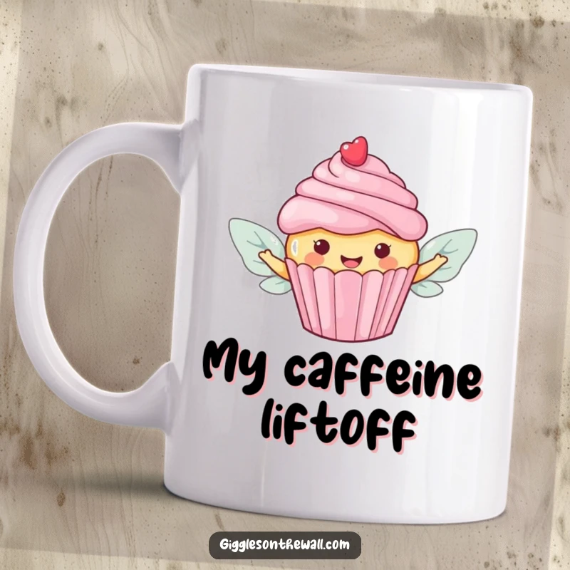 Funny mug showcasing a happy cupcake with candy wings, attempting to fly away, embodying sweet and humorous escape.