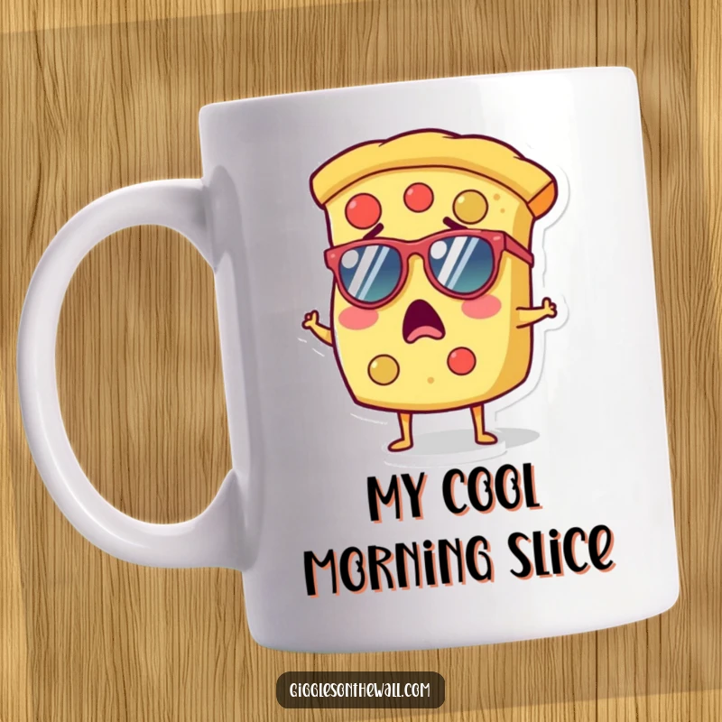 Funny mug featuring a surprised slice of pizza character wearing tiny sunglasses, embodying a cool and unexpected vibe.