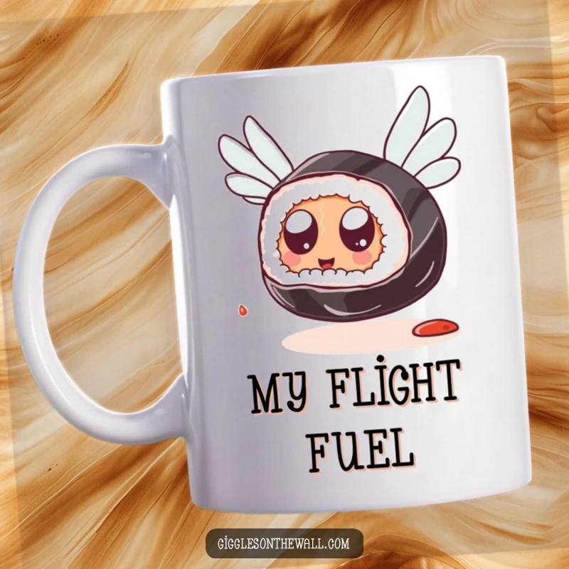 Funny Sushi Flying Mug: A sushi piece with googly eyes hilariously tries to fly using soy sauce packets, bringing quirky humor to your drink.