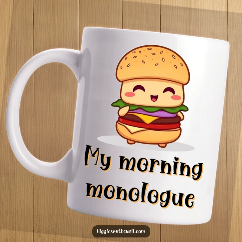 Funny shy hamburger mug, a nervous burger character attempting to give a speech, capturing stage fright adorably.