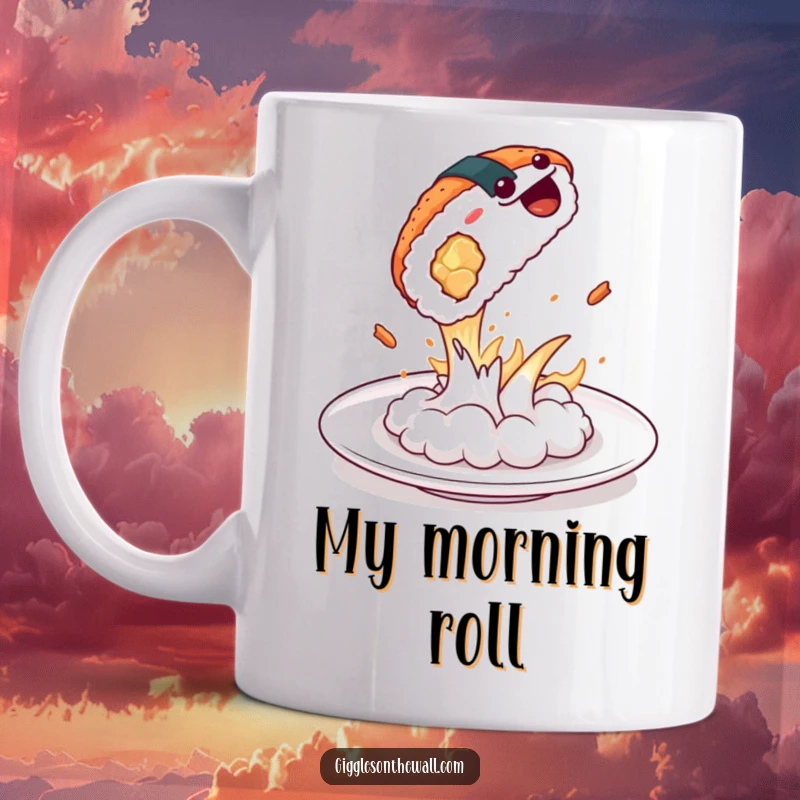 Funny sushi dramatically leaping from a plate, a piece of art with a hilarious twist, perfect funny gift.