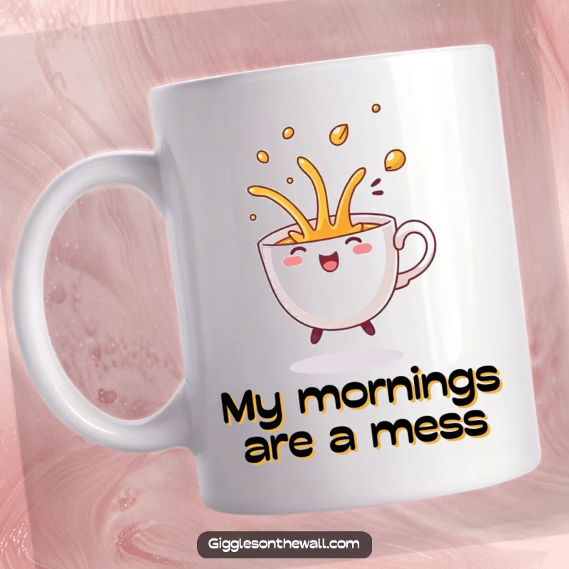 Funny Dancing Teacup Mug, spilling hot coffee with a comical flourish and a playful, energetic vibe.